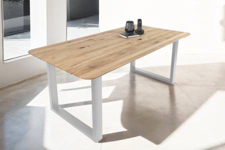 Esszimmertisch Schweizer Kante / runde Ecken massiv & geölt Eiche 200x100 silber U-Gestell Lotte