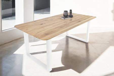 Esszimmertisch Schweizer Kante / runde Ecken massiv & geölt Eiche 160x85 weiß U-Gestell Lotte