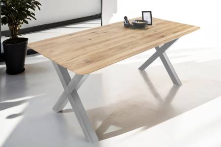 Esszimmertisch Schweizer Kante / runde Ecken massiv & geölt Eiche 180x90 silber X-Gestell Lotte