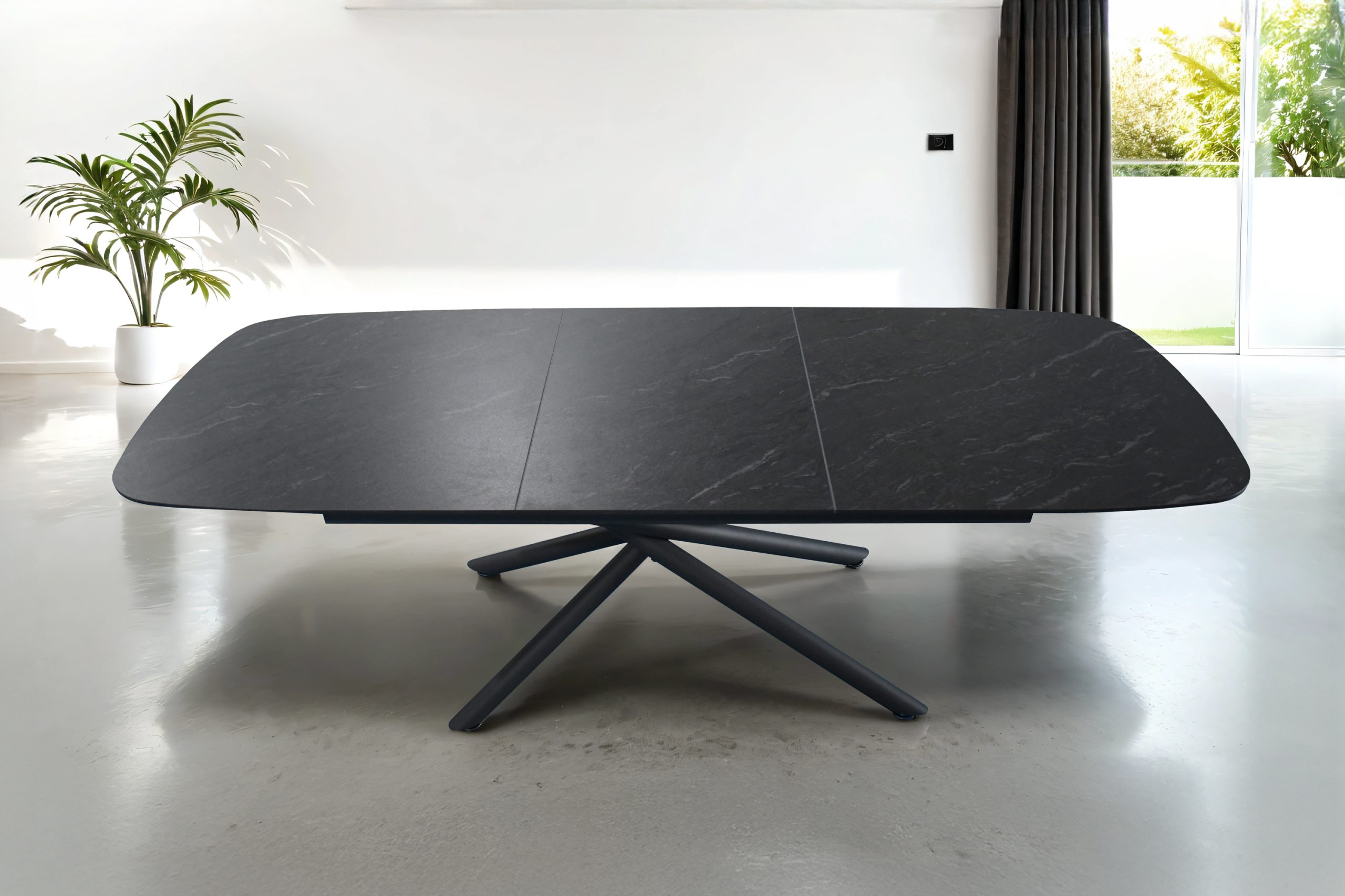 Esstisch 180 (240) x 90 cm schwarz matt Keramiktisch ausziehbar Mikado Gestell schwarz MELODIE