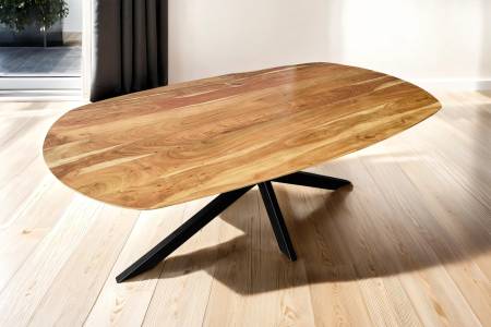 Esszimmertisch Oval 200 x 100 cm Akazienholz massiv natur Spider-Gestell schwarz RAMA