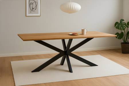 Esstisch 260x100 cm Baumkante Eichenholz massiv geölt Spider-Gestell Schwarz SALVADOR