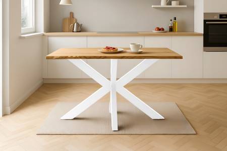 Esstisch 160x85 cm Baumkante Eichenholz massiv geölt Spider-Gestell weiß SALVADOR