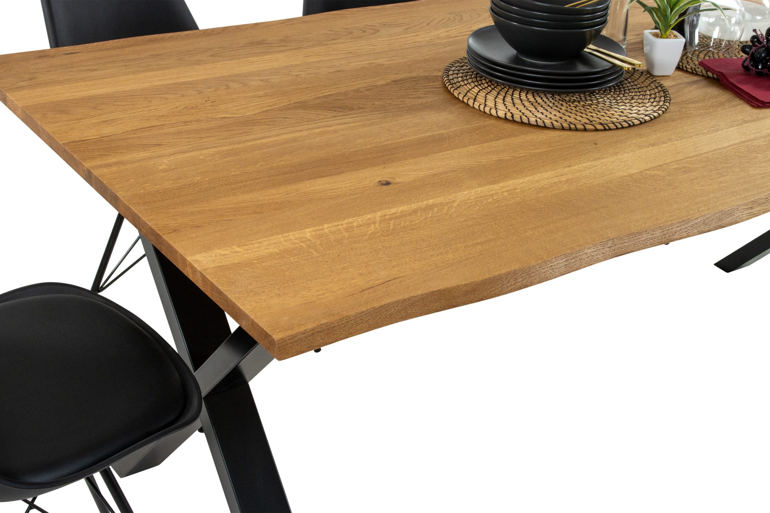 Esstisch 160x85 cm Baumkante Eichenholz massiv geölt X-Gestell schwarz SALVADOR – Bild 4