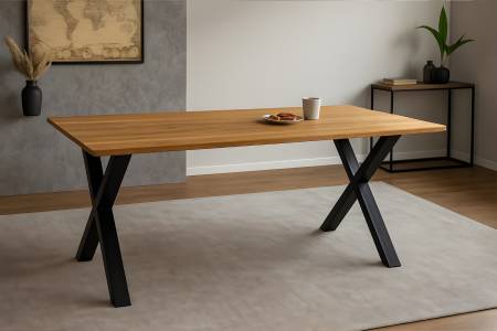 Esstisch 200x100 cm Baumkante Eichenholz massiv geölt X-Gestell schwarz SALVADOR