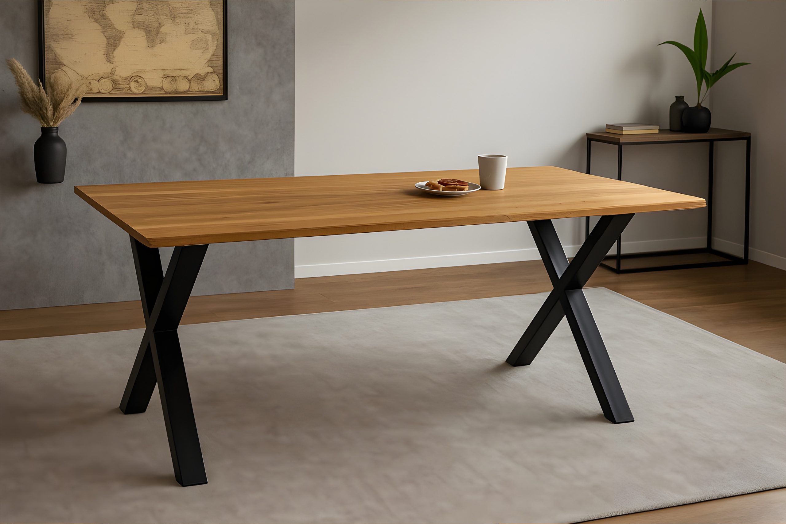 Esstisch 280x100 cm Baumkante Eichenholz massiv geölt X-Gestell schwarz SALVADOR