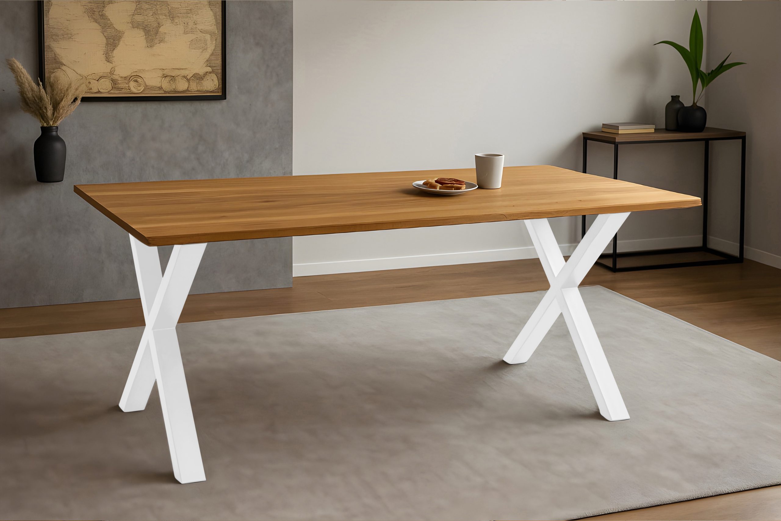 Esstisch 200x100 cm Baumkante Eichenholz massiv geölt X-Gestell weiß SALVADOR