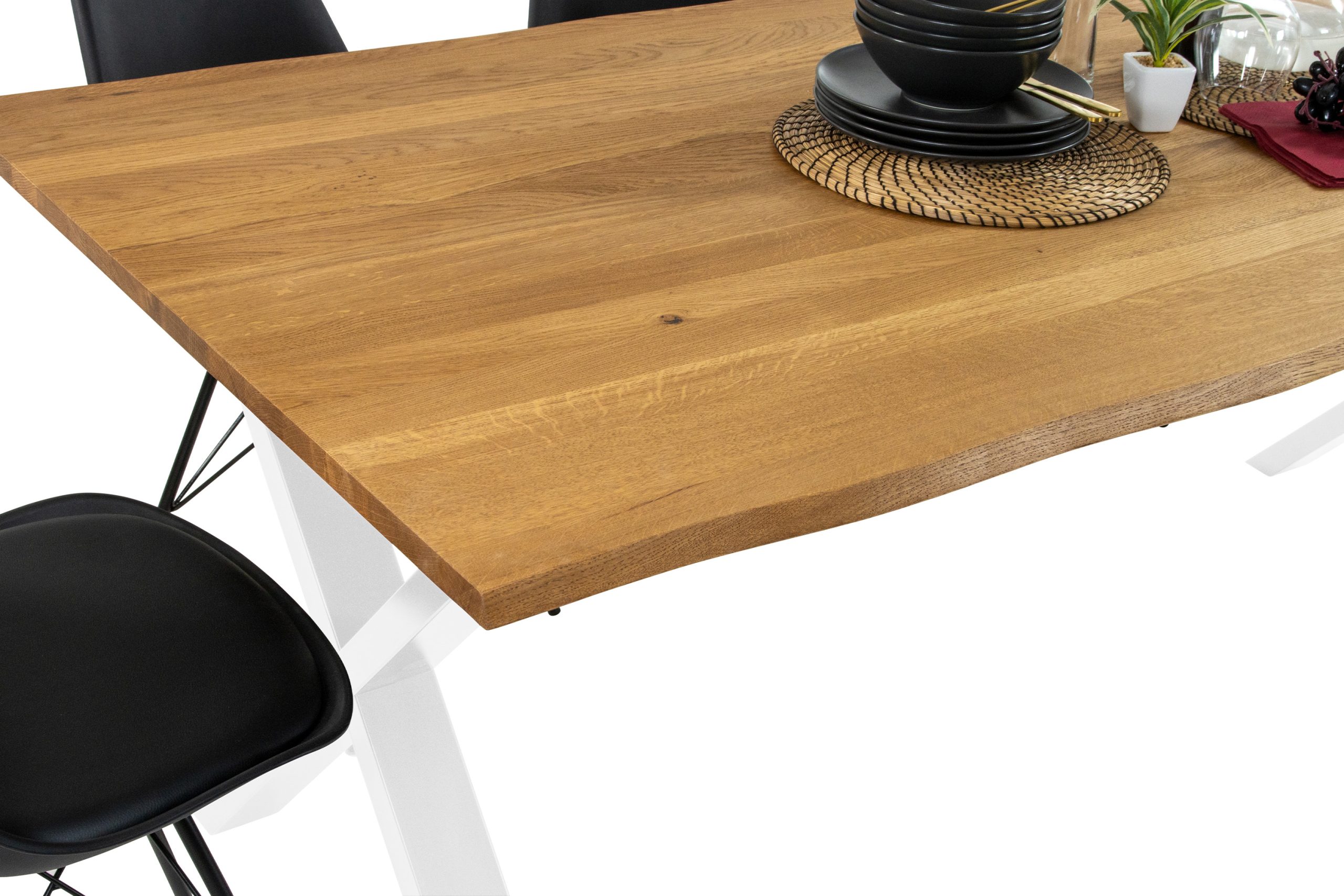 Esstisch 200x100 cm Baumkante Eichenholz massiv geölt X-Gestell weiß SALVADOR – Bild 4