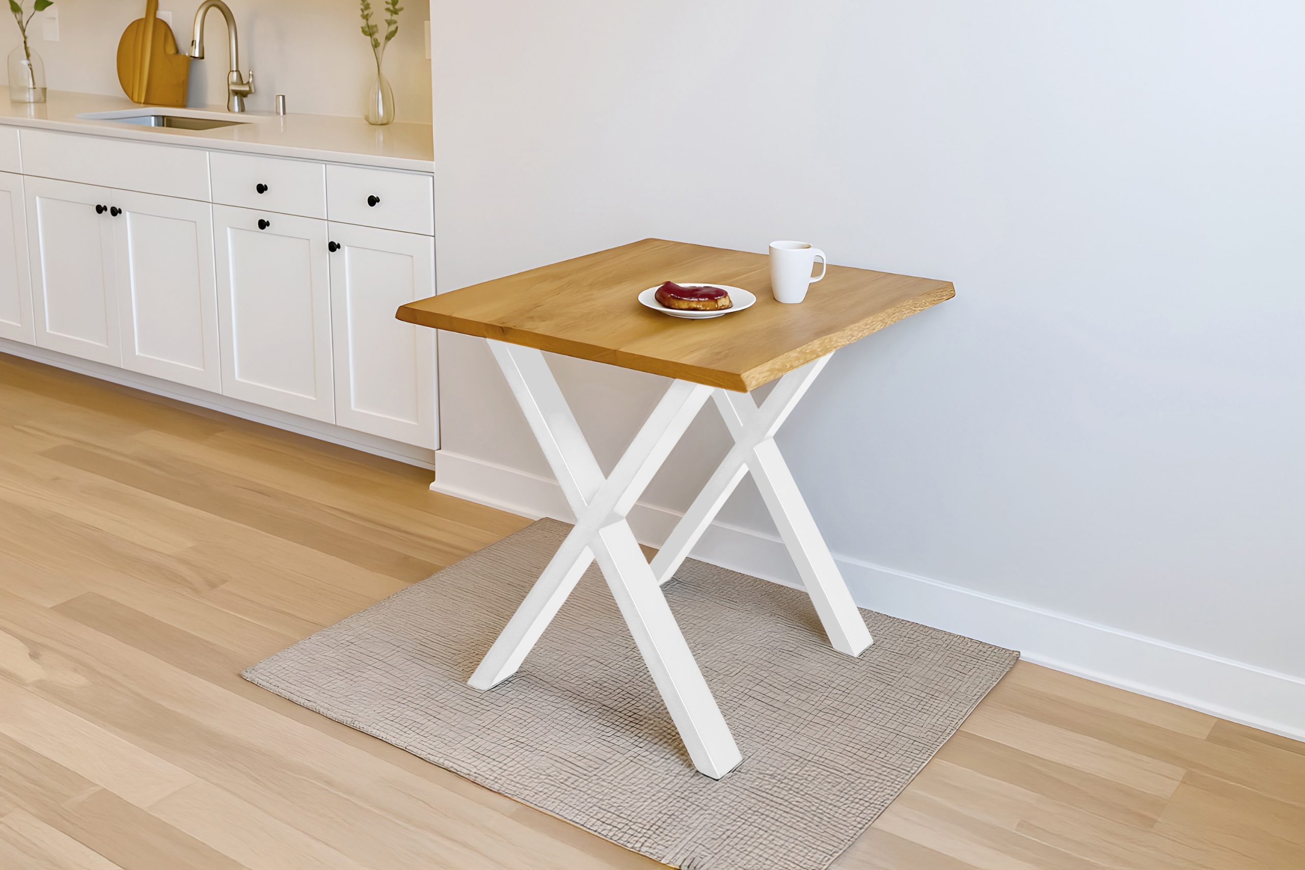 Esstisch 90x90 cm Baumkante Eichenholz massiv geölt X-Gestell weiß SALVADOR