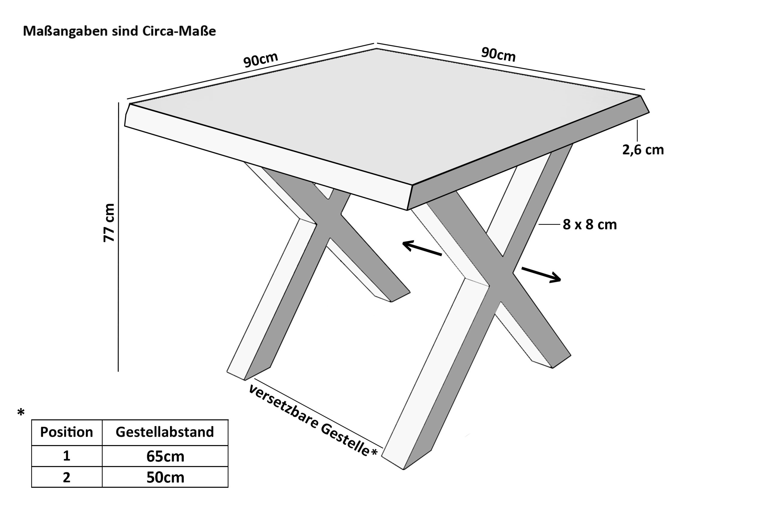 Esstisch 90x90 cm Baumkante Eichenholz massiv geölt X-Gestell weiß SALVADOR – Bild 3