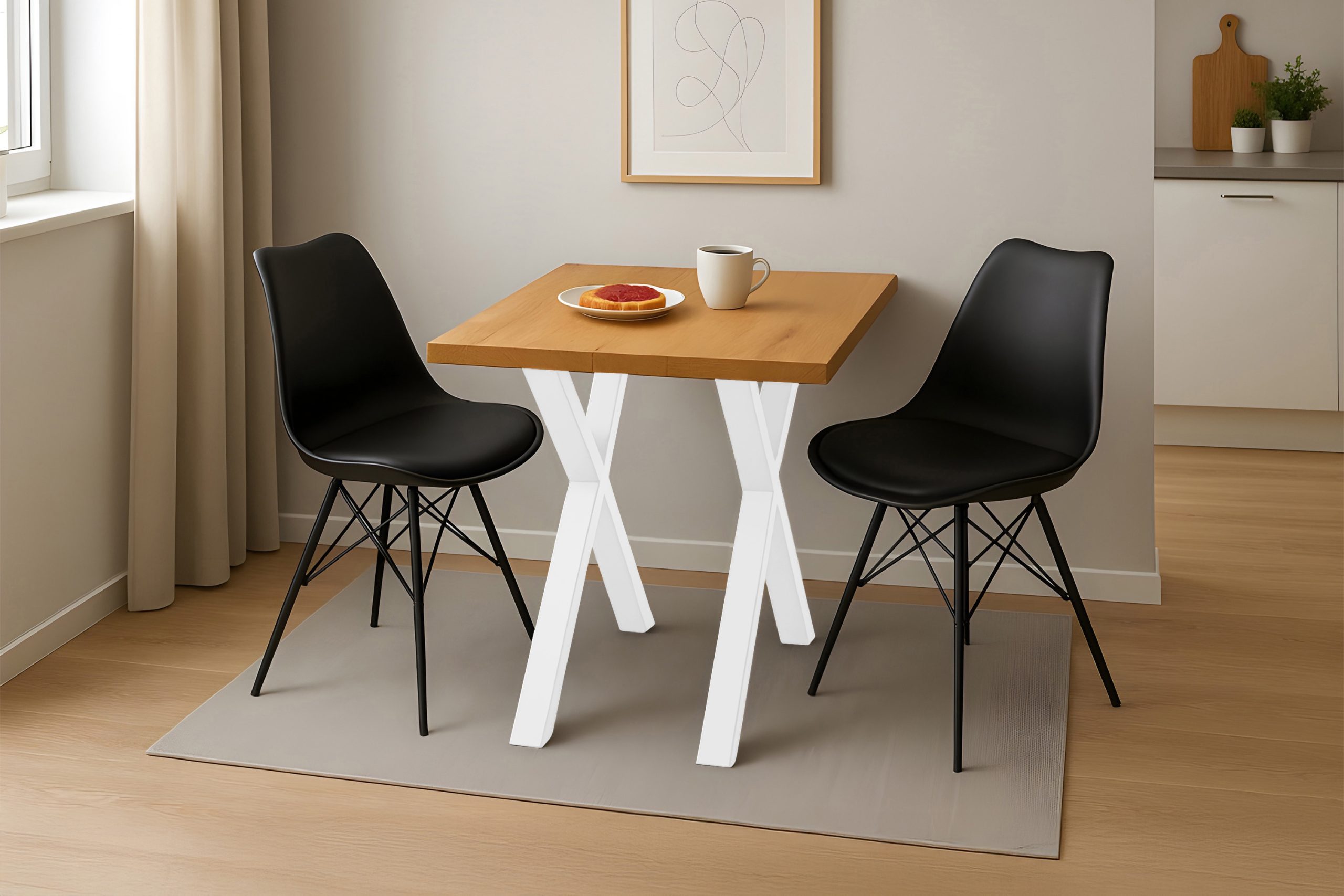 Esstisch 90x90 cm Baumkante Eichenholz massiv geölt X-Gestell weiß SALVADOR – Bild 5