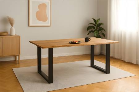 Esstisch 220x100 cm Baumkante Eichenholz massiv geölt U-Gestell schwarz SALVADOR