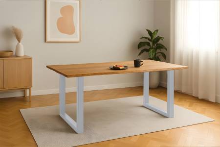 Esstisch 220x100 cm Baumkante Eichenholz massiv geölt U-Gestell silber SALVADOR