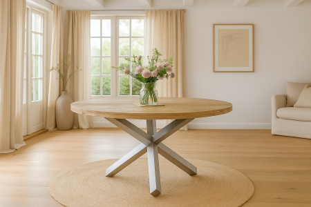 Esstisch rund Ø 120 cm Mangoholz natur massiv Sternfuß-Gestell silber RUNIS