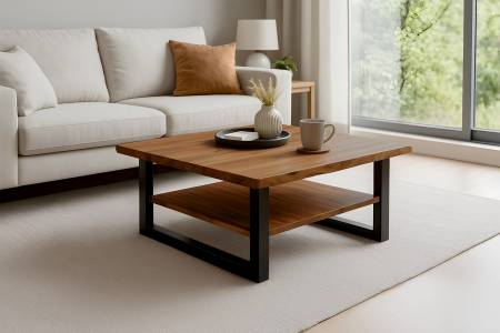 Couchtisch Baumkante massiv Akazie honig 90x90 cm schwarz PATRICK