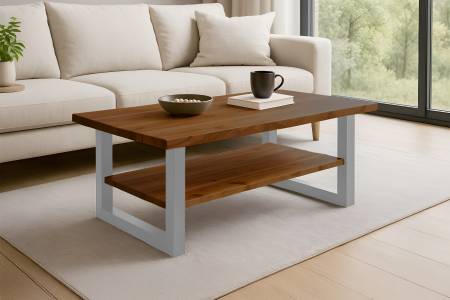 Couchtisch Baumkante massiv Akazie honig 115x65 cm silber PATRICK