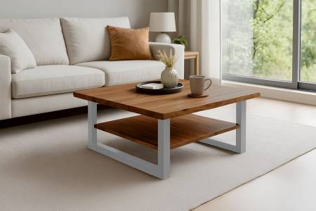 Couchtisch Baumkante massiv Akazie honig 90x90 cm silber PATRICK