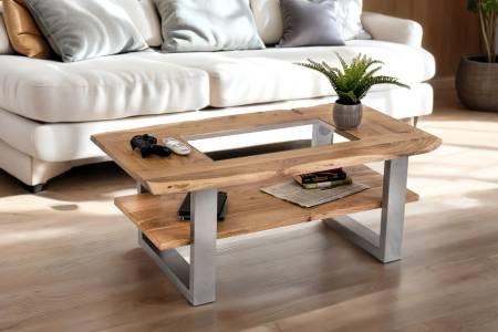 Couchtisch mit Glaseinsatz Baumkante massiv Akazie natur 115x65 cm silber PATRICK