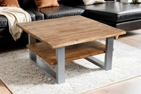 Couchtisch Baumkante massiv Mangoholz naturfarben 90x90 cm silber PATRICK