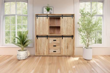 Highboard 150x45x160 cm Baumkante Akazienholz massiv natur gusseiserne Elemente LIAN I