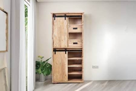 Highboard 80x45x175 cm Baumkante Akazienholz massiv natur gusseiserne Elemente LIAN III