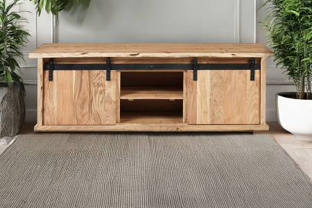 Lowboard 145x45x50 cm Baumkante Akazienholz massiv natur gusseiserne Elemente LIAN V