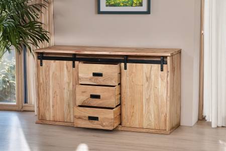 Sideboard 150x45x80 cm Baumkante Akazienholz massiv natur gusseiserne Elemente LIAN I