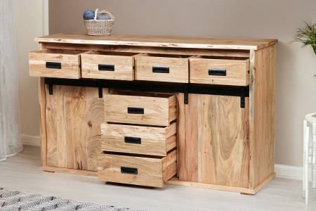 Sideboard 150x45x90 cm Baumkante Akazienholz massiv natur gusseiserne Elemente LIAN II