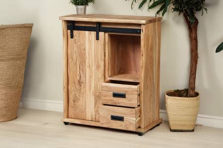 Sideboard 75x36x90 cm Baumkante Akazienholz massiv natur gusseiserne Elemente LIAN III