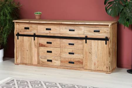 Sideboard 200x45x90 cm Baumkante Akazienholz massiv natur gusseiserne Elemente LIAN IV