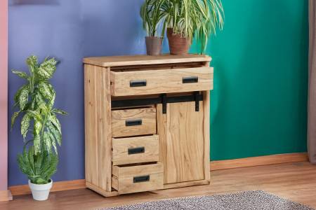 Sideboard 75x35x85 cm Baumkante Akazienholz massiv natur gusseiserne Elemente LIAN VI