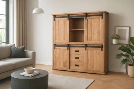 Highboard 150x45x160 cm Akazienholz massiv natur gusseiserne Elemente LIANO I