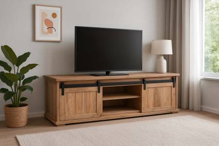 Lowboard 145x45x50 cm Akazienholz massiv natur gusseiserne Elemente LIANO V