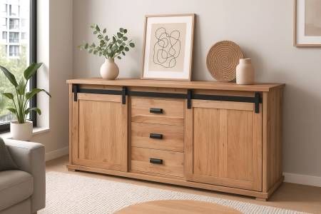 Sideboard 150x45x80 cm Akazienholz massiv natur gusseiserne Elemente LIANO I