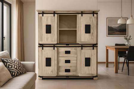 Highboard Akazienholz massiv eichefarben Hochschrank 150 x 45 x 160 cm LIBRO II