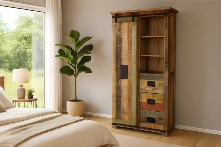 Kleiderschrank Mangoholz massiv bunt Gusseisen-Griffe & Reling 100 x 175 x 45 cm LIBRO