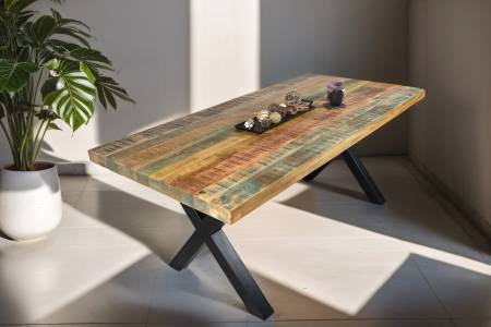 Esszimmertisch Mangoholz Bunt massiv X-Gestell schwarz Esstisch 200 x 100 cm LIBRO