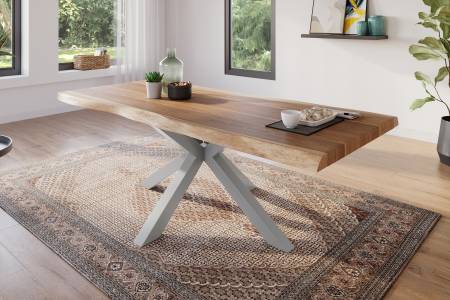 Esstisch 220 x 100 cm Akazie massiv natur Baumkantentisch Spider-Gestell silber ATLAS