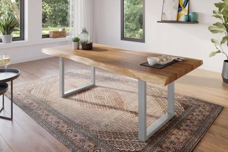 Esstisch 220 x 100 cm Akazie massiv natur Baumkantentisch U-Gestell silber ATLAS