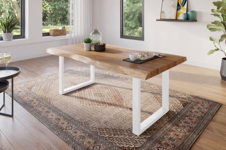 Esstisch 160 x 85 cm Akazie massiv natur Baumkantentisch U-Gestell weiß ATLAS