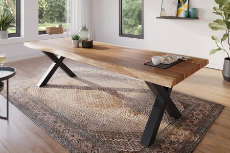 Esstisch 280 x 100 cm Akazie massiv natur Baumkantentisch X-Gestell schwarz ATLAS