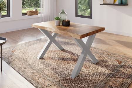 Esstisch 160 x 85 cm Akazie massiv natur Baumkantentisch X-Gestell silber ATLAS