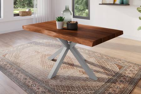 Esstisch 120 x 80 cm Akazie massiv nussbaum Baumkantentisch Spider-Gestell silber ATLAS