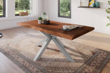 Esstisch 180 x 90 cm Akazie massiv nussbaum Baumkantentisch Spider-Gestell silber ATLAS