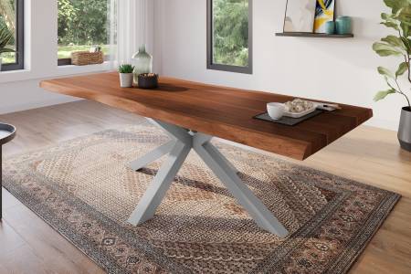 Esstisch 280 x 100 cm Akazie massiv nussbaum Baumkantentisch Spider-Gestell silber ATLAS