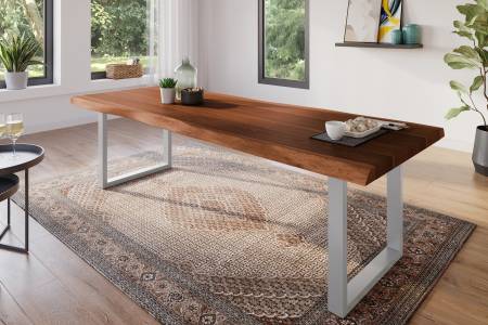 Esstisch 300 x 100 cm Akazie massiv nussbaum Baumkantentisch U-Gestell silber ATLAS