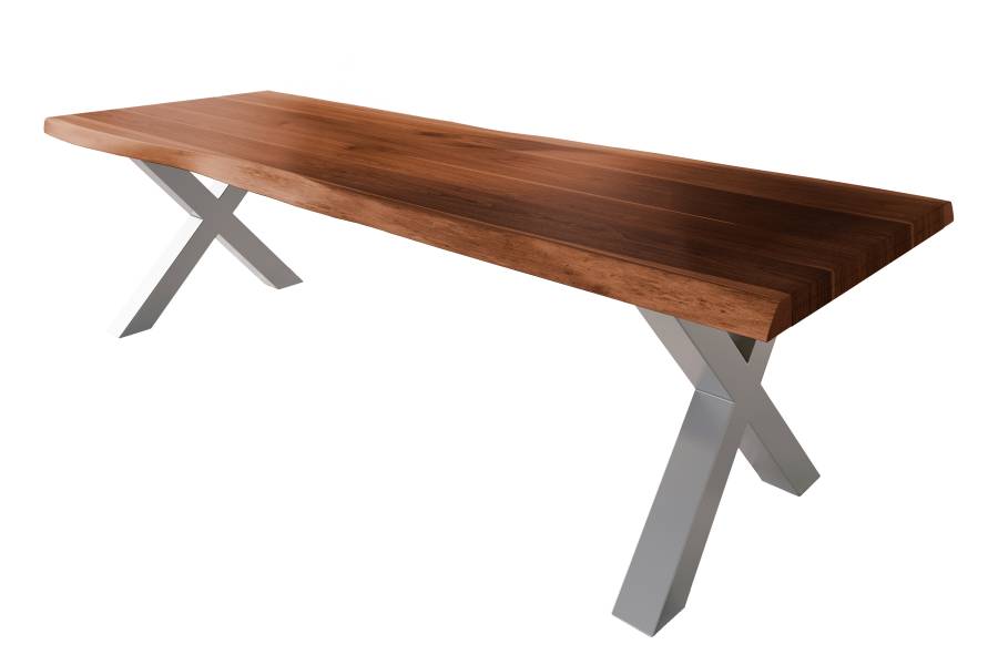 SAM_NEU-Esszimmer-Baumkante-Tische-Atlas-Nuss-X-Gestell-silber-300×100-BKT_Atlas_X_Gestell_silber_02-1