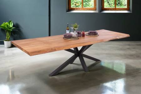 Esstisch mit Ansteckplatten 200(300)x100 cm Baumkante Akazie natur Spider-Gestell schwarz CALI