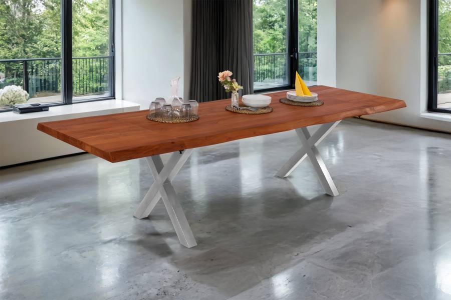 SAM_NEU-Esszimmer-Baumkante-Tische-Cali-Ansteckplatte-X-Gestell-nuss-silber-160-BKT_Cali_nussbaum_01-2