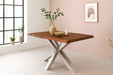 Esstisch Baumkante Akazie massiv 50mm Nussbaum 180 x 90 cm Spider-Gestell silber CALI